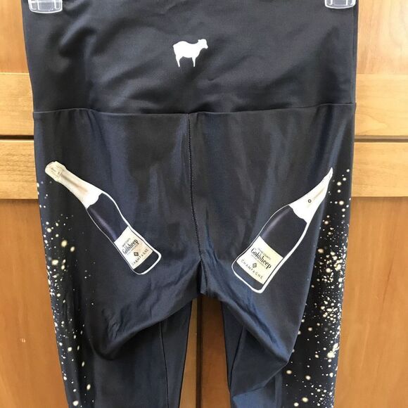 Goldsheep Champagne Bottle Bubbles Print Leggings S Black Stretch USA Women - Picture 6 of 8